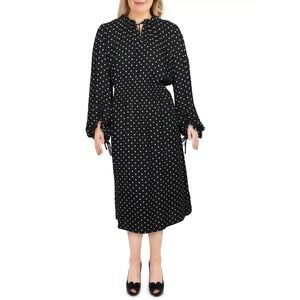 NWT! $149 Anne Klein Women Smocked Waist Fit & Flare Dress Black Polka Dots Sz S